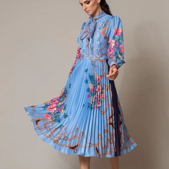 Dalia Macphee Women Lace Mosaic High Waist Long Sleeve Pleated Print Dre… - Picture 3 of 16